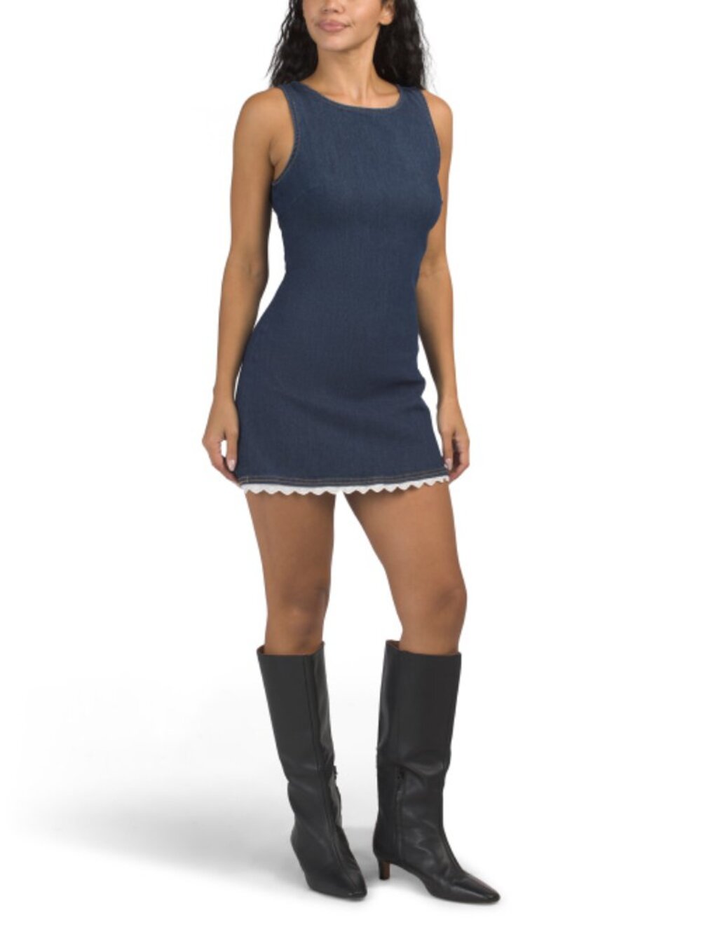 LOVE FIRE Denim Open Back Mini Shift Dress With Lace Trim